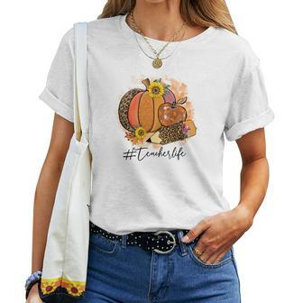 Happy Teacher Life Fall Autumn Pumpkin Women T-shirt - Seseable