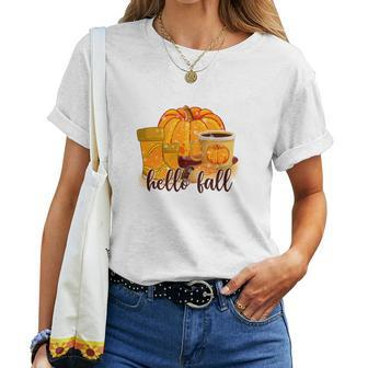 Hello Fall Pumpkin Spice Coffee Shoes Women T-shirt - Seseable