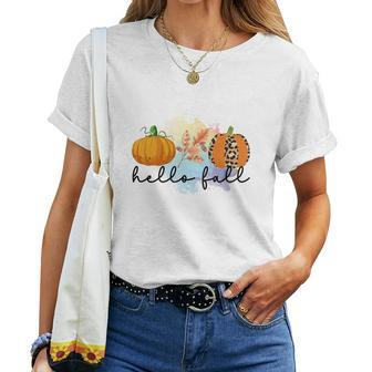 Hello Fall Pumpkins Thanksgiving Season Women T-shirt - Seseable