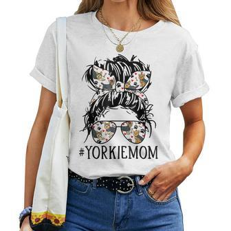 Messy Bun Hair Mom Sunglasses Headband Yorkie Mom Dog Lover Women T-shirt - Thegiftio UK