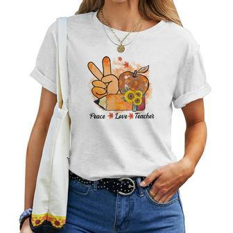 Peace Love Teacher Teaching Life Fall Pumpkin Season Women T-shirt - Seseable