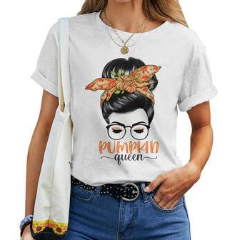 Pumpkin Queen Pumpkin Messy Bun Fall Autumn Thanksgiving Women T-shirt - Thegiftio UK