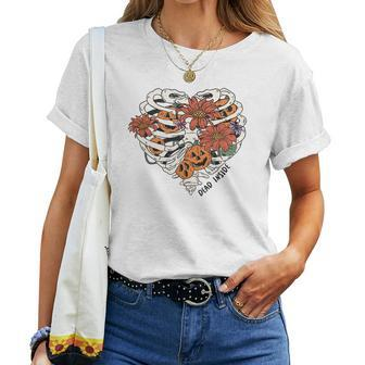 Skeleton Halloween Flower Heart Dead Inside Women T-shirt - Seseable