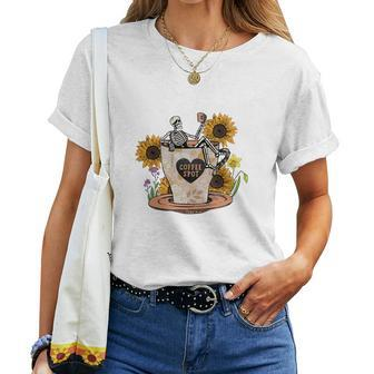 Skeleton And Plants Coffee And Spot Skeleton Drink Coffee Women T-shirt - Seseable