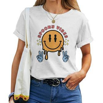Spooky Vibes Smiley Face Fall Season Women T-shirt - Seseable