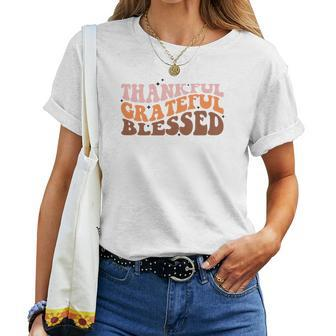 Thankful Grateful Blessed Groovy Style Gift Fall Women T-shirt - Seseable