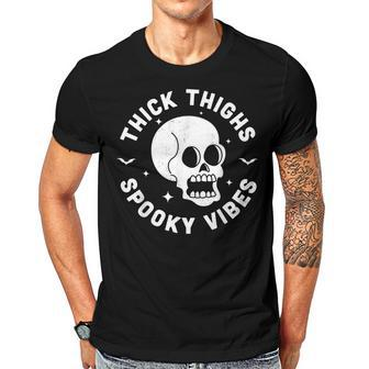 Thick Thighs Spooky Vibes Funny Halloween Skull Workout Gym Men T-shirt Casual Daily Crewneck Short Sleeve Graphic Basic Unisex Tee - Seseable
