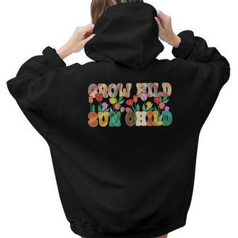 Boho Vintage Grow Wild Sun Child Colorful Design Aesthetic Words Graphic Back Print Hoodie Gift For Teen Girls - Seseable