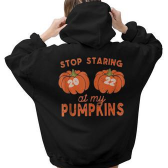 Funny 2022 Stop Staring At My Pumpkins Halloween Fall Womens Aesthetic Words Graphic Back Print Hoodie Gift For Teen Girls - Thegiftio UK