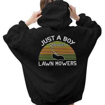 Gardening Just A Boy Who Loves Lawn Mowers Aesthetic Words Graphic Back Print Hoodie Gift For Teen Girls - Seseable