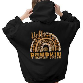 Leopard Plaid Autumn Hello Pumpkin Fall Rainbow Aesthetic Words Graphic Back Print Hoodie Gift For Teen Girls - Seseable