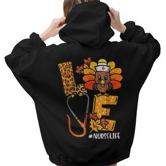 Love Turkey Stethoscope Nurse Life Thanksgiving Fall Autumn  Aesthetic Words Graphic Back Print Hoodie Gift For Teen Girls