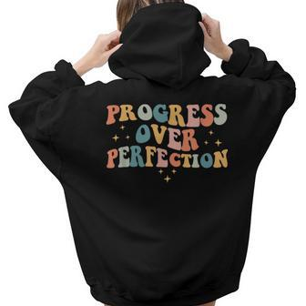 Progress Over Perfection Motivational Teacher Groovy Retro Aesthetic Words Graphic Back Print Hoodie Gift For Teen Girls - Thegiftio UK