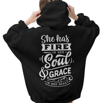 Strong Woman She Has Fire In Her Soul And Grace In Her Heart V2 Aesthetic Words Graphic Back Print Hoodie Gift For Teen Girls - Seseable