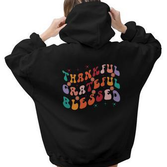 Thankful Grateful Blessed Fall Glitter Gift Aesthetic Words Graphic Back Print Hoodie Gift For Teen Girls - Seseable