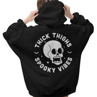 Thick Thighs Spooky Vibes Funny Halloween Skull Workout Gym Hoodie Words Graphic Back Print Hoodie Gift For Teen Girls Women - Seseable