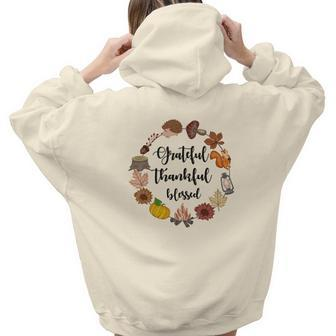 Autumn Wreath Grateful Thankful Blessed Fall Gift Aesthetic Words Graphic Back Print Hoodie Gift For Teen Girls - Seseable