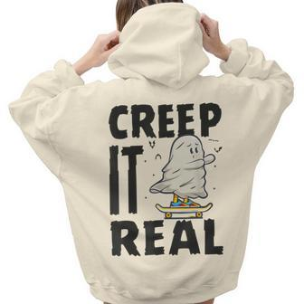 Creep It Real Ghost Men Skateboarding Halloween Fall Season  Aesthetic Words Graphic Back Print Hoodie Gift For Teen Girls
