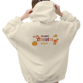 Fall Thankful Grateful Blessed Pumpkin Pie Aesthetic Words Graphic Back Print Hoodie Gift For Teen Girls - Seseable