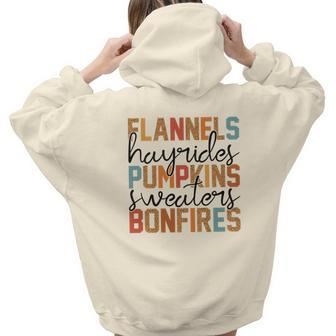 Flannels Hayrides Pumpkins Sweaters Bonfires Fall Retro Aesthetic Words Graphic Back Print Hoodie Gift For Teen Girls - Seseable