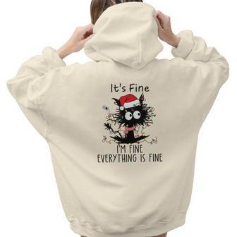 Funny Christmas Black Cat It Is Fine I Am Fine Everything Is Fine Aesthetic Words Graphic Back Print Hoodie Gift For Teen Girls - Seseable