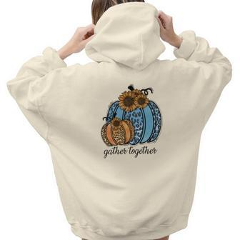 Gather Together Leopard Blue Pumpkin Fall Aesthetic Words Graphic Back Print Hoodie Gift For Teen Girls - Seseable