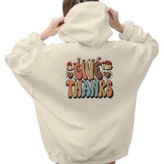 Give Thanks Groovy Style Retro Fall Season Aesthetic Words Graphic Back Print Hoodie Gift For Teen Girls - Seseable