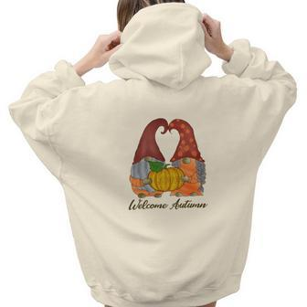 Gnomes Couple Welcome Autumn Fall Season Aesthetic Words Graphic Back Print Hoodie Gift For Teen Girls - Seseable