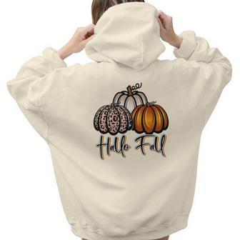 Hallo Fall Three Pumpkins Aesthetic Words Graphic Back Print Hoodie Gift For Teen Girls - Seseable