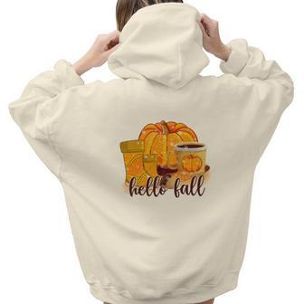 Hello Fall Pumpkin Spice Coffee Shoes Aesthetic Words Graphic Back Print Hoodie Gift For Teen Girls - Seseable
