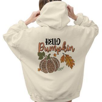 Hello Pumpkin Leopard Plaid Autumn Leaves Fall Aesthetic Words Graphic Back Print Hoodie Gift For Teen Girls - Seseable