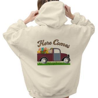 Here Comes Fall Trucks Flowers Pumpkins Aesthetic Words Graphic Back Print Hoodie Gift For Teen Girls - Seseable