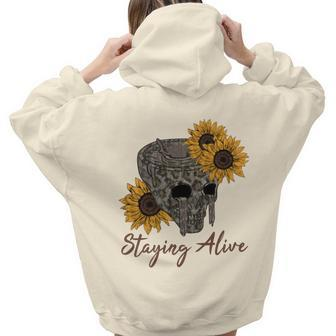 Skeleton And Plants Staying Alive Flower Design Aesthetic Words Graphic Back Print Hoodie Gift For Teen Girls - Seseable