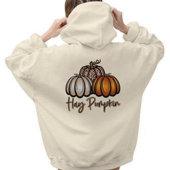 Three Pumpkins Hay Pumpkin Fall Aesthetic Words Graphic Back Print Hoodie Gift For Teen Girls - Seseable