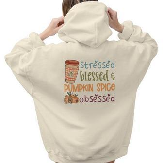 Vintage Autumn Stressed Blessed _ Pumpkin Spice Bsessed Aesthetic Words Graphic Back Print Hoodie Gift For Teen Girls - Seseable