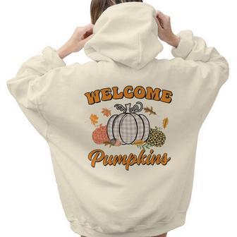 Welcome Pumpkin Leopard Plaid Autumn Fall Aesthetic Words Graphic Back Print Hoodie Gift For Teen Girls - Seseable