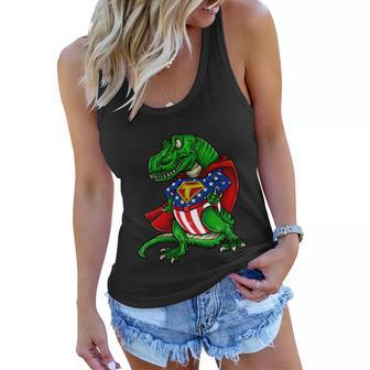 American Superhero 4Th Of July Super T Rex American Flag Women Flowy Tank - Monsterry AU