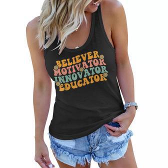 Believer Motivator Innovator Educator Retro Groovy Teacher Women Flowy Tank - Thegiftio