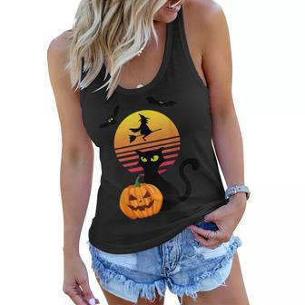 Black Cat Bat Witch And Pumpkin At Sunset On Halloween Women Flowy Tank - Seseable