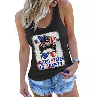 Bleached Messy Bun Funny Patriotic United States Anxiety Women Flowy Tank - Monsterry