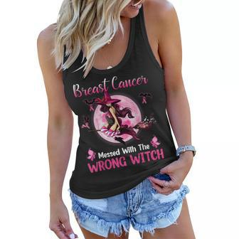 Breast Cancer Messed With The Wrong Pink Witch Hat Halloween Women Flowy Tank - Seseable