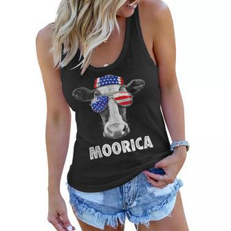 Cow 4Th Of July Moorica Merica Men American Flag Sunglasses Women Flowy Tank - Seseable