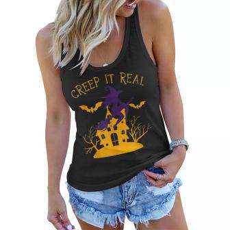 Creep It Real Witch Broom Funny Spooky Halloween Women Flowy Tank - Seseable