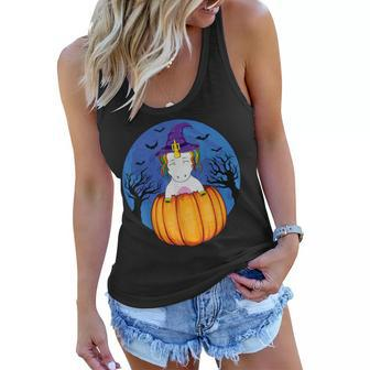 Cute Unicorn Wearing Witch Hat Halloween Pumpkin Girls Kids Women Flowy Tank - Seseable
