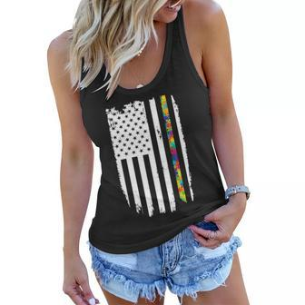Distress Thin Puzzle Line Autism Awareness Tribute Flag Tshirt Women Flowy Tank - Monsterry