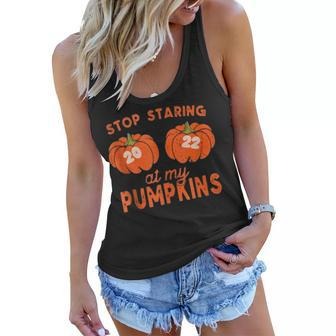Funny 2022 Stop Staring At My Pumpkins Halloween Fall Womens Women Flowy Tank - Thegiftio UK