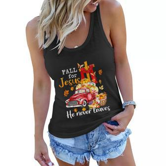 Funny Fall For Jesus He Never Leaves Autumn Christian Graphic Design Printed Casual Daily Basic Women Flowy Tank - Thegiftio UK