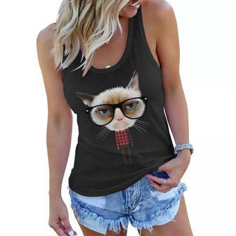 Funny Hipster Cat Tshirt Women Flowy Tank - Monsterry