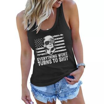 Funny Trump Everything Woke Turns To Shit Distressed Usa American Flag Tshirt Women Flowy Tank - Monsterry