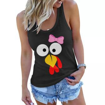 Girl Turkey Face Pink Bow Thanksgiving Day Tshirt Women Flowy Tank - Monsterry